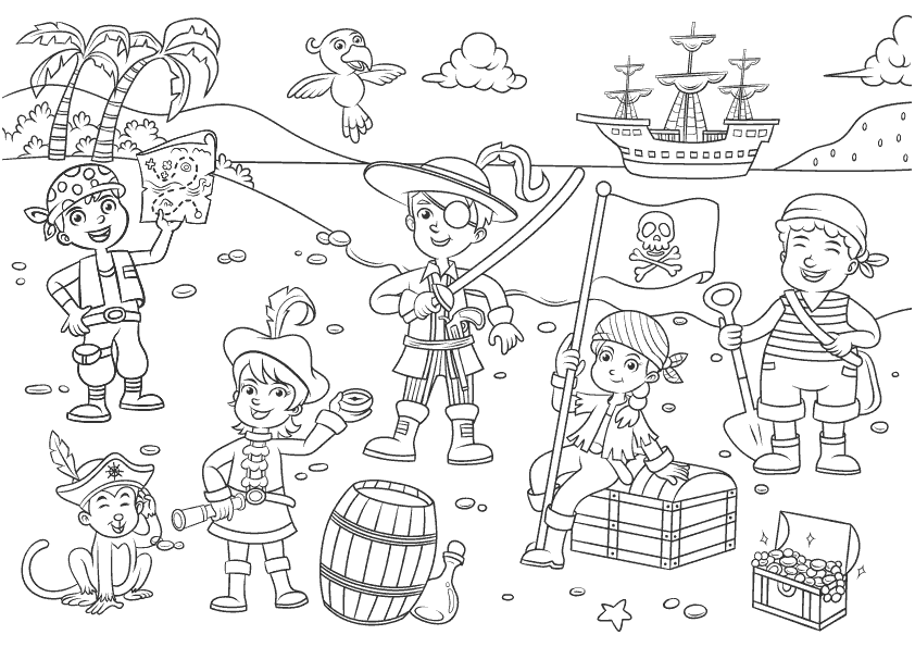 Dibujo para colorear de unos niños jugando a los piratas en la isla del tesoro