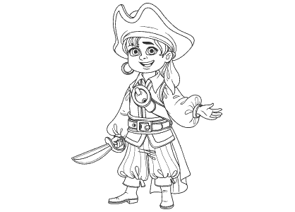 Dibujo para colorear de una niña con traje pirata y espada sable.