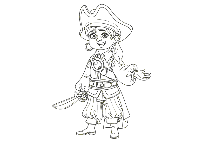 Dibujo para colorear de una niña con traje de pirata y sable