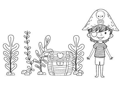 Dibujo para colorear de uno niño con sombrero pirata y el cofre del tesoro.
