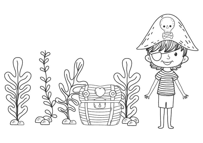 Dibujo para colorear de un niño con sombrero pirata y cofre del tesoro