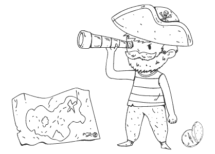 Dibujo para colorear de uno niño jugando a los piratas con un catalejo, una brújula y el mapa del tesoro.