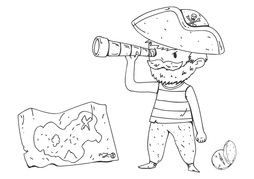 Dibujo para colorear de un niño disfrazado de pirata con catalejo, brújula y mapa del tesoro