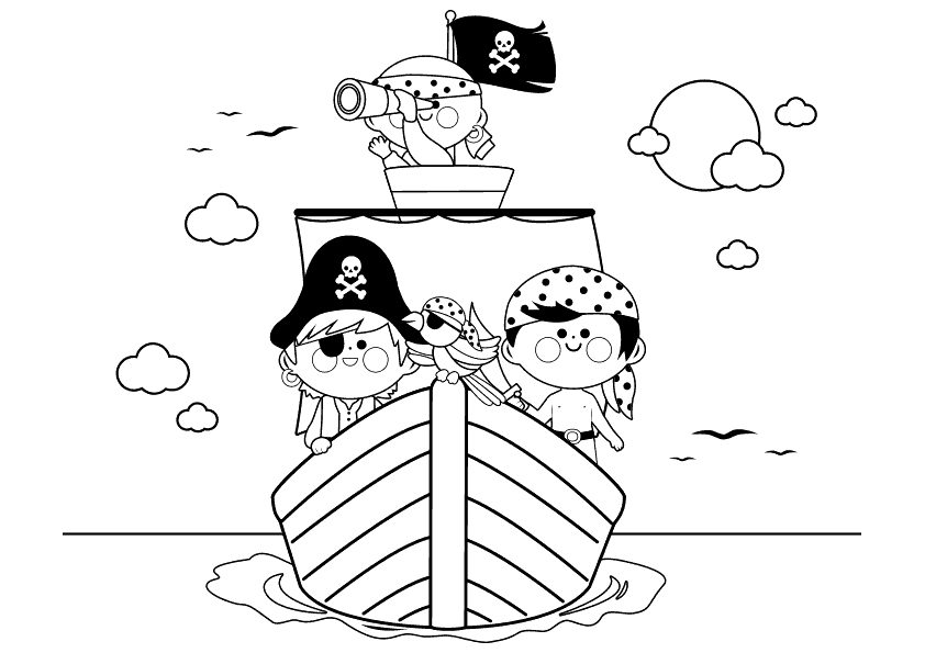 Dibujo para colorear unos niños jugando en un barco pirata