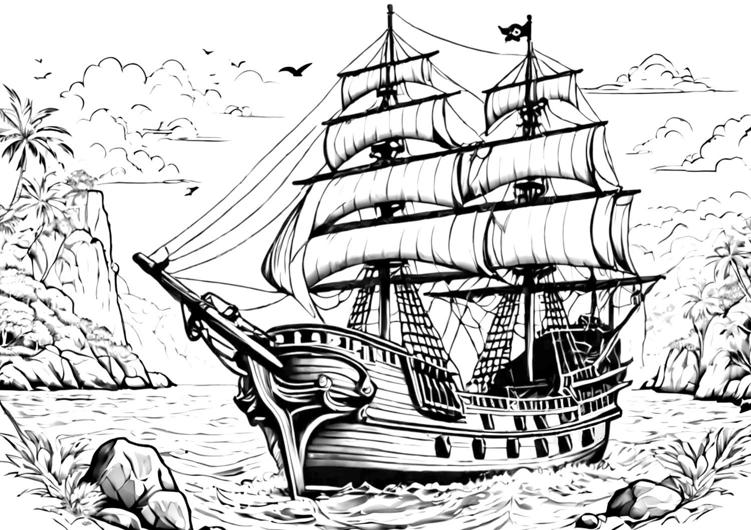 Imagen para colorear un barco pirata en la bahía