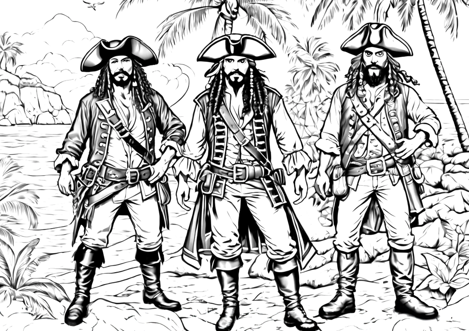 Imagen para colorear unos piratas en la isla del tesoro