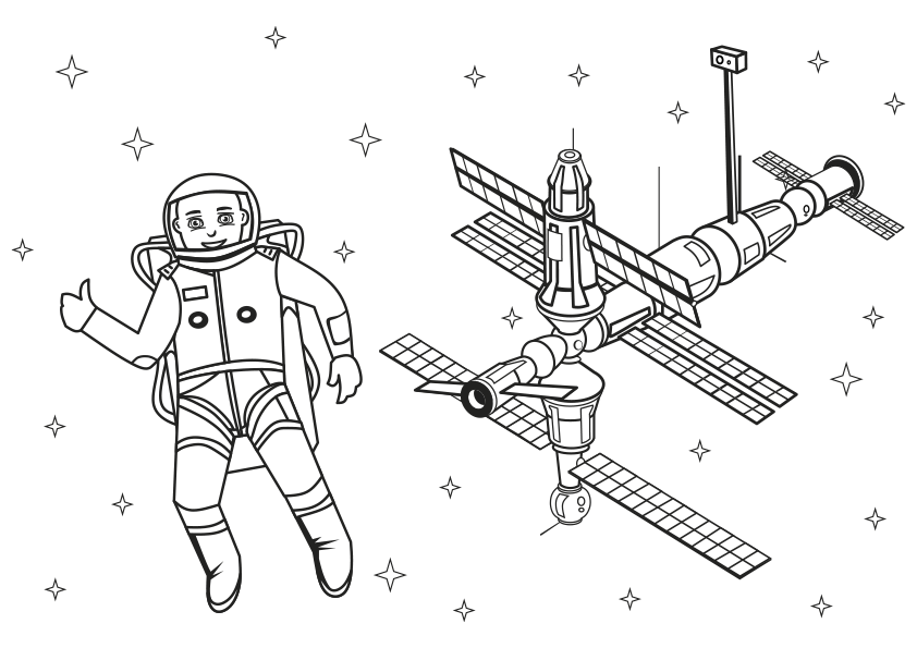 Dibujo para colorear un astronauta en la estación espacial. An astronaut in the space station coloring page.