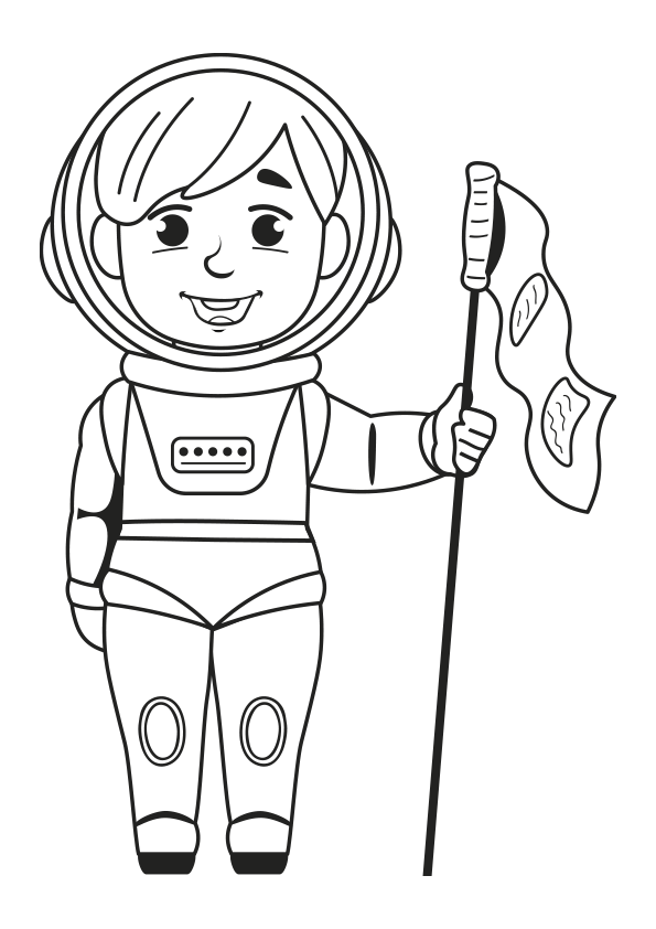 Dibujo para colorear de un astronauta con una bandera. An astronaut with a flag coloring page.