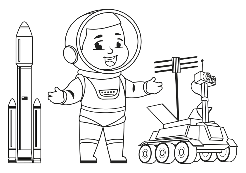 Dibujo para colorear un astronauta con un vehículo lunar y un cohete. An astronaut with a moon rover and a rocket coloring page.
