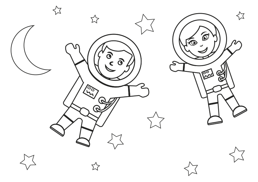 Dibujo para colorear una pareja de astronautas en el espacio. A couple of astronauts in space coloring page.