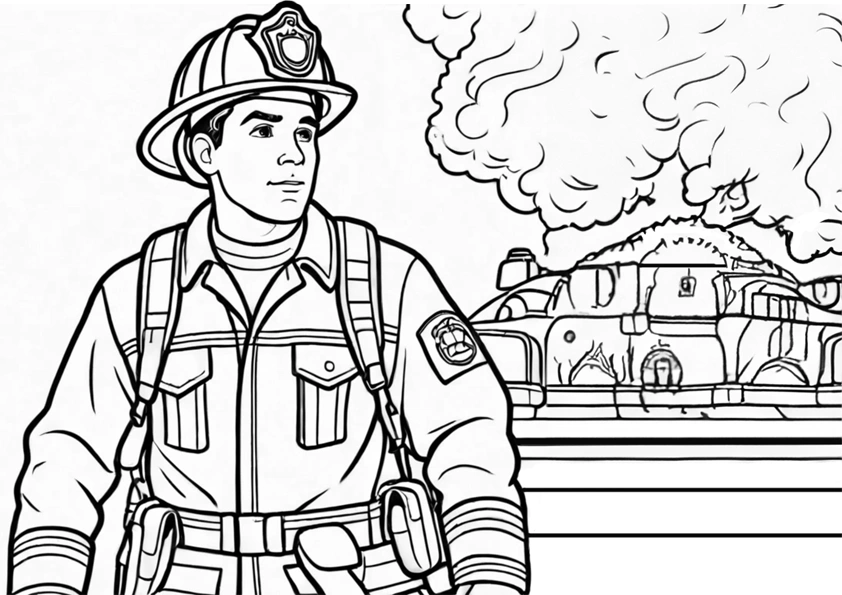 Dibujo para colorear un bombero trabajando en el fuego de una casa