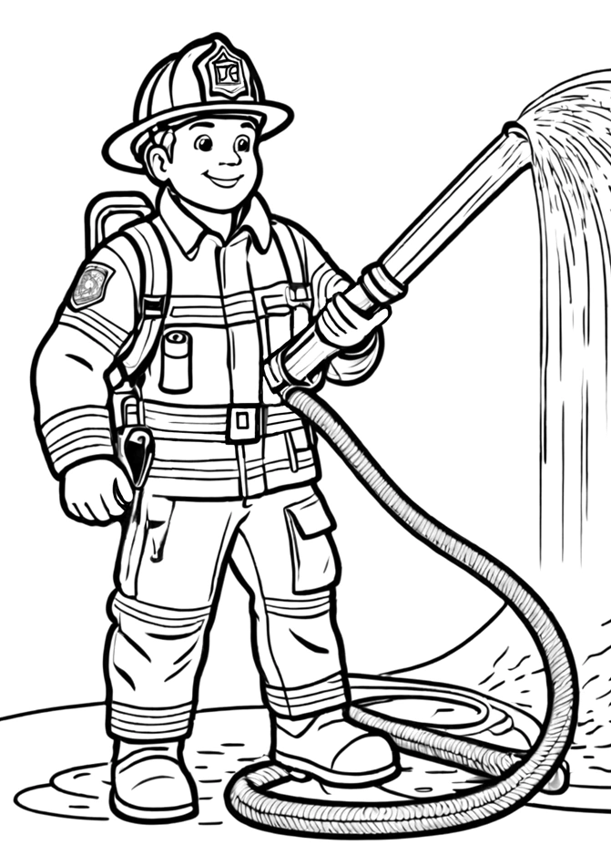 Dibujo de un bombero apagando el fuego con el agua de la manguera para colorear