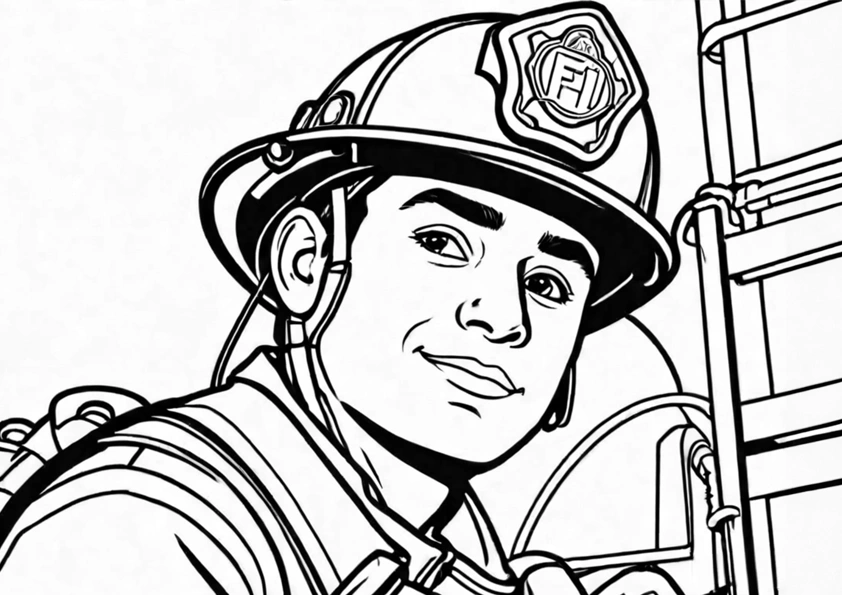 Dibujo para colorear un bombero feliz por su trabajo