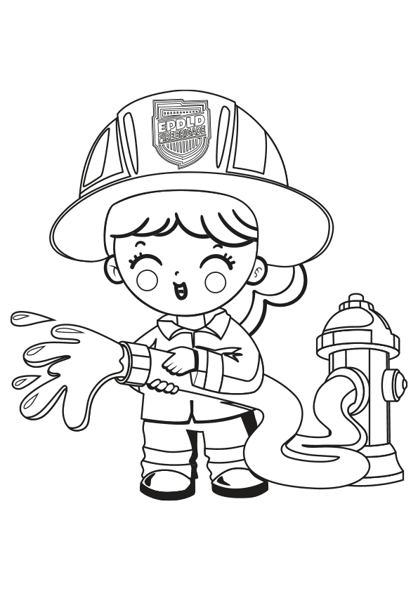 Dibujo para colorear de una niña bombera. Coloring page of a firefighter girl