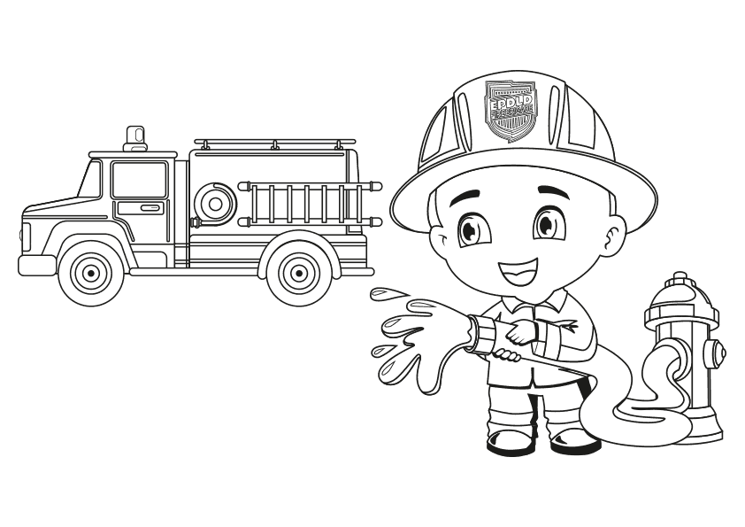 Dibujo para colorear un niño bombero con un camión de bomberos. Coloring page of a firefighter boy with a fire truck