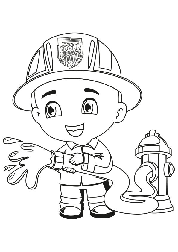 Dibujo para colorear un niño bombero. Coloring page of a firefighter boy