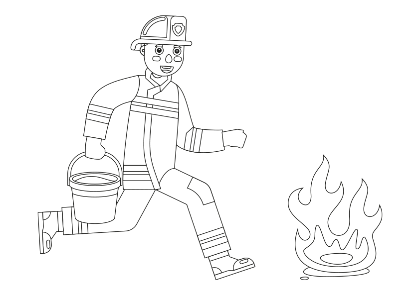 Dibujo para colorear de un bombero que corre para apagar un fuego. Coloring page of a firefighter who runs to put out a fire