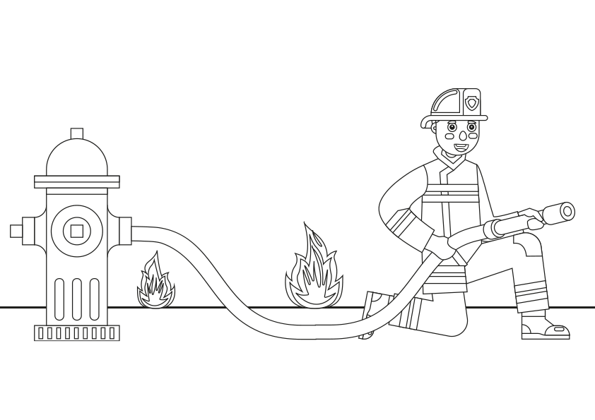 Dibujo de un bombero con la manguera para colorear. Firefighter with hose coloring page.