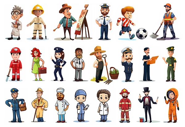 Imágenes de personajes de dibujos animados de diversas profesiones