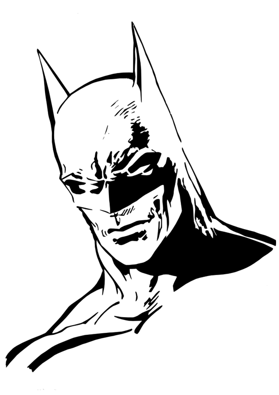 Dibujo para colorear silueta cabeza Batman en blanco y negro. Batman head silhouette in black and white coloring page.