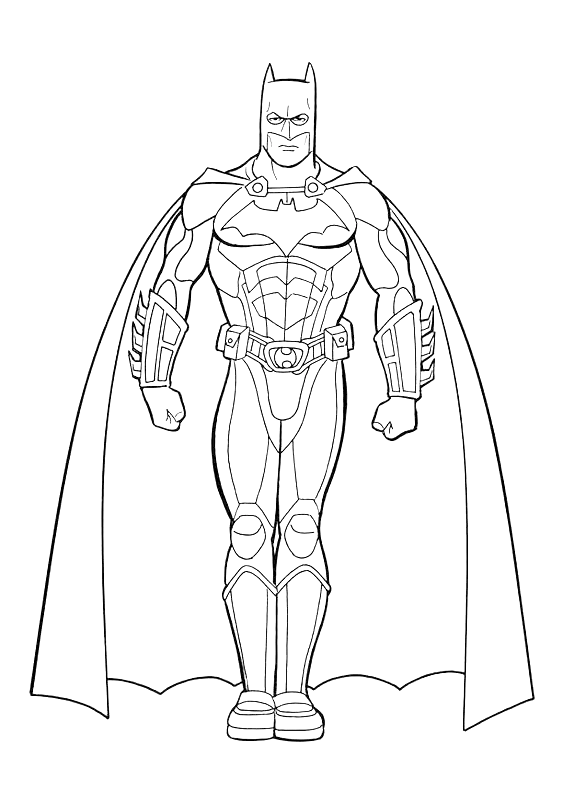 Dibujo para colorear de Batman con el traje y la capa. Dibujo del superhéroe, el hombre murciélago con el escudo