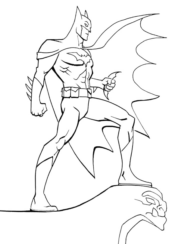 Dibujo para colorear de Batman encima de una gárgola de la ciudad de Gotam con un Batarang