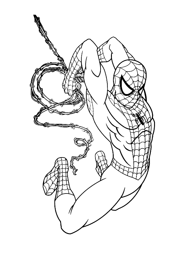 Dibujo para colorear de Spiderman saltando con la Tela de Araña