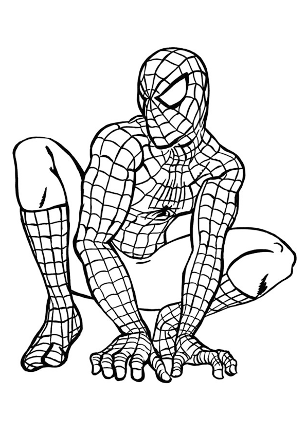 Dibujo para colorear de spiderman observando, preparado para actuar