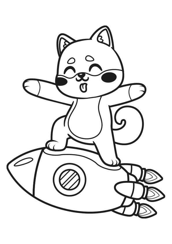 Dibujo kawaii para colorear un perro kawaii encima de un cohete.