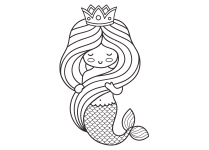 Dibujo kawaii para colorear una encantadora sirena con el pelo largo.