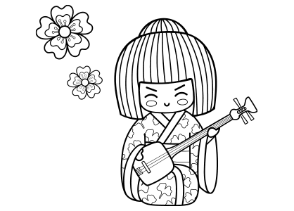 Dibujo kawaii para colorear una japonesa con kimono tocando el shamisen.