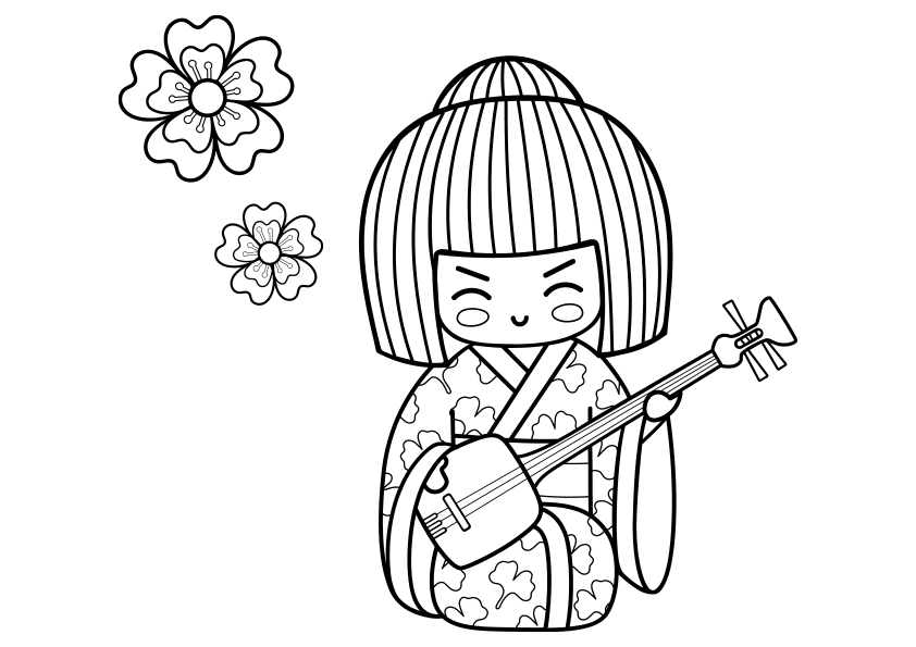 Dibujo kawaii para colorear una japonesa con Kimono tocando el shamisen.