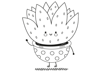 Dibujo kawaii para colorear una planta en un macetero que anda.
