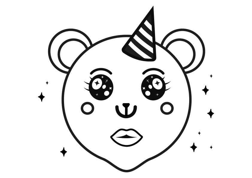 Dibujo kawaii para colorear una cara de fiesta de cumpleaños. Kawaii birthday party face coloring page.