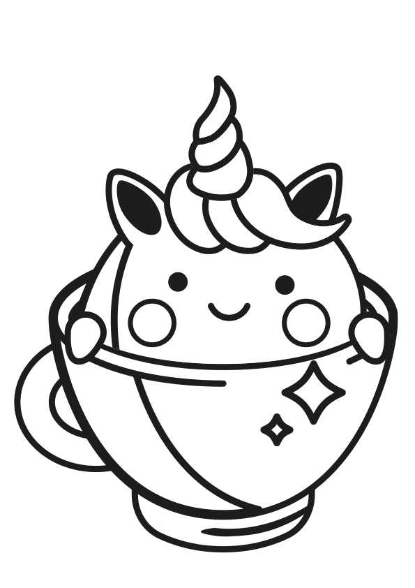 Dibujo kawaii para colorear unicornio dentro de una taza. Kawaii unicorn  inside a mug coloring page.