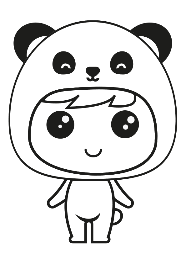 Dibujo kawaii de un niño o niña pequeño disfrazado de oso panda. Little boy or girl dressed as a panda bear coloring page