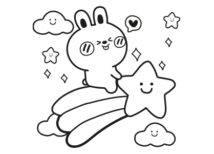 Dibujo kawaii para colorear un conejo montando en una estrella de arcoiris