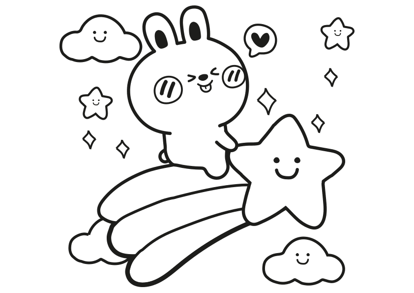 Dibujo para colorear un conejo montando en una estrella arcoiris kawaii