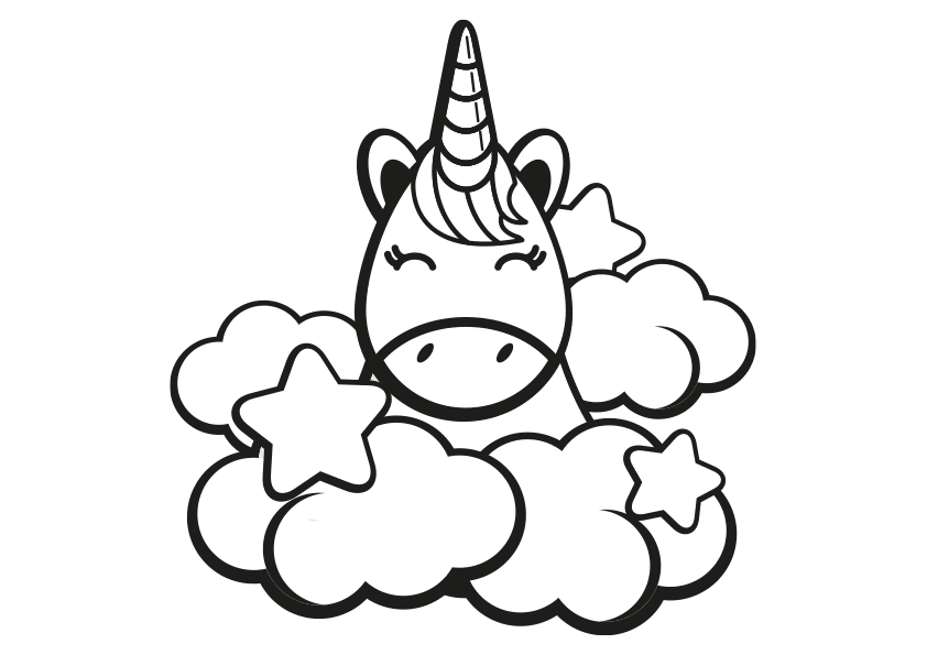 Dibujo kawaii para colorear un unicornio en unas nubes