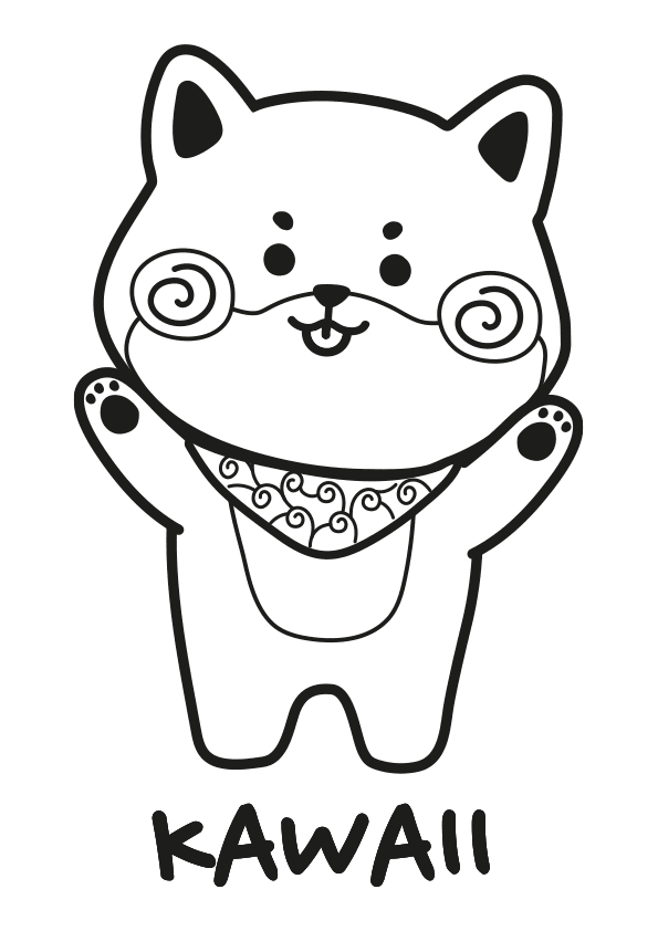 Dibujo kawaii de un perro Shiba Inu con pañuelo y la palabra KAWAII. Shiba Inu dog with bandana and KAWAII word coloring page