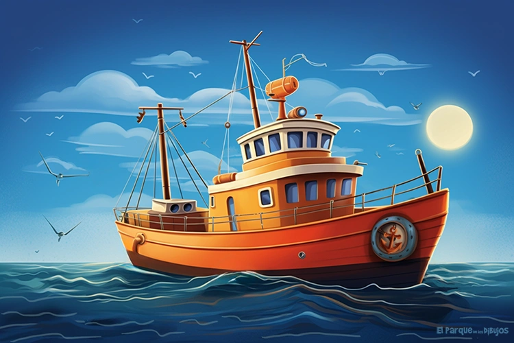 Imagen de un barco en color, de tipo ilustración. El barco es un medio de transporte que ha ayudado mucho al progreso de la humanidad