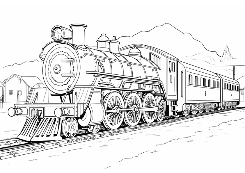 Dibujo de un tren antiguo con locomotora para colorear