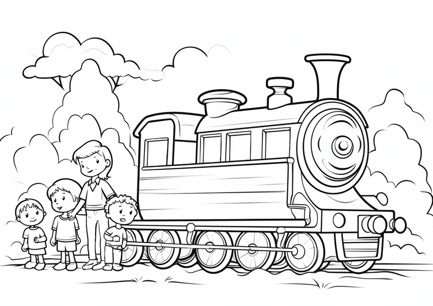 Dibujo infantil para colorear de una maestra con los niños de visita en la estación de tren