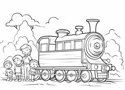 Dibujo infantil para colorear de una maestra con los niños de visita en la estación de tren