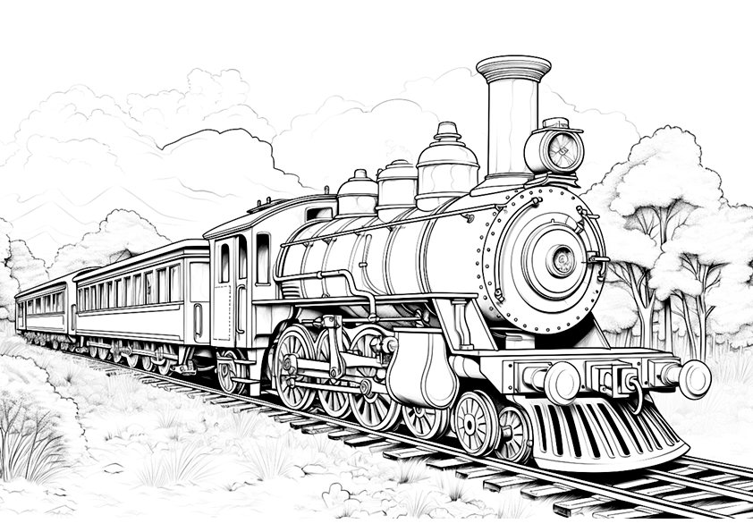 Imagen de un dibujo de tren clásico de pasajeros para colorear