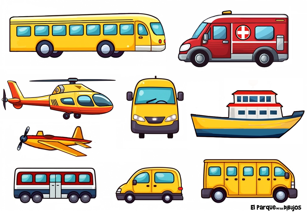 Conjunto de imágenes de medios de transporte nº 1, Autobús, ambulancia, helicóptero, avioneta, furgoneta, barco, vagón de metro, coche y furgón de seguridad
