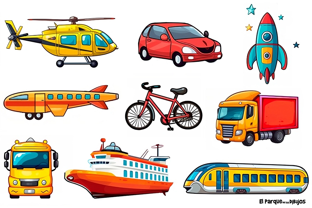 Conjunto de imágenes de medios de transporte nº 2, helicóptero, coche, cohete, avión, bicicleta, camión, camión de frente, barco, tren