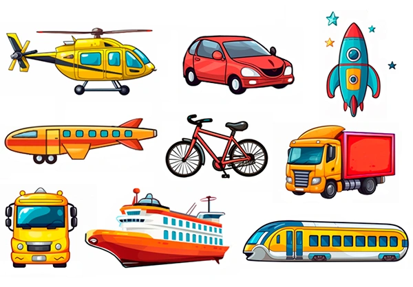 Conjunto de imágenes de medios de transporte nº 2. Helicóptero, coche, cohete, avión, bicicleta, camión, camión de frente, barco y tren.