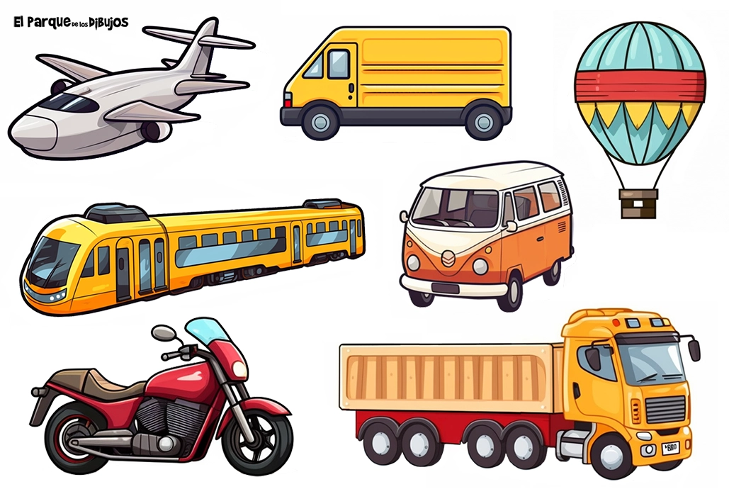 Conjunto de imágenes de medios de transporte nº 3, avión, furgoneta de reparto, globo, metro, furgoneta de recreo, moto, camión