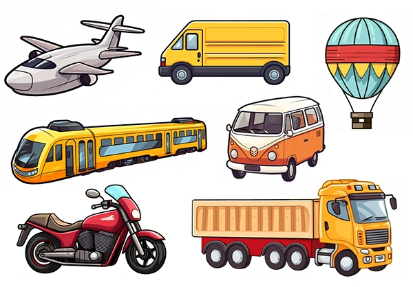 Conjunto de imágenes de medios de transporte nº 3. Avión, furgoneta de reparto, globo, metro, furgoneta de recreo, moto y camión.